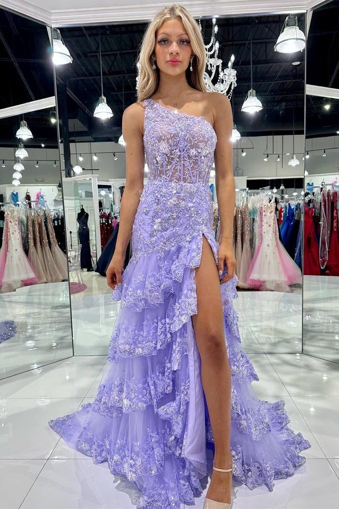 Sleeveless One Shoulder Lace Sequined Tulle Ruffled Tiered Long Prom Gown, Slit