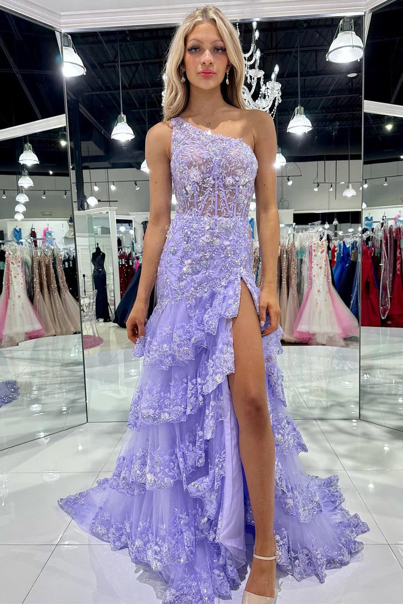 Sleeveless One Shoulder Lace Sequined Tulle Ruffled Tiered Long Prom G