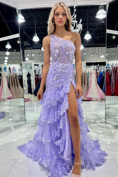 Sleeveless One Shoulder Lace Sequined Tulle Ruffled Tiered Long Prom Gown, Slit