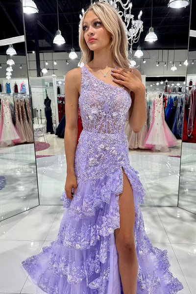 Sleeveless One Shoulder Lace Sequined Tulle Ruffled Tiered Long Prom Gown, Slit