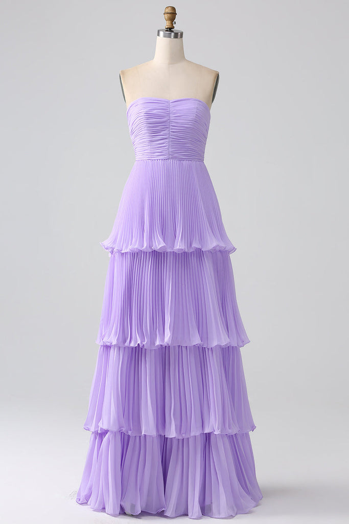 Emerald Green Strapless Ruched Multi-Layer Chiffon Long Formal Prom Party Dress