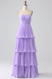 Emerald Green Strapless Ruched Multi-Layer Chiffon Long Formal Prom Party Dress