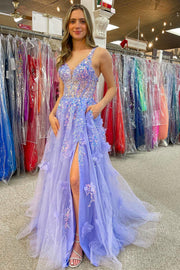 A-line Beaded Sequine Sheer Corset Lavender Tulle Formal Party Prom Dress, Slit