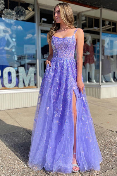 A-Line Straps Sleeveless Lavender Tulle Sequin Floor Length Prom Gown, Slit