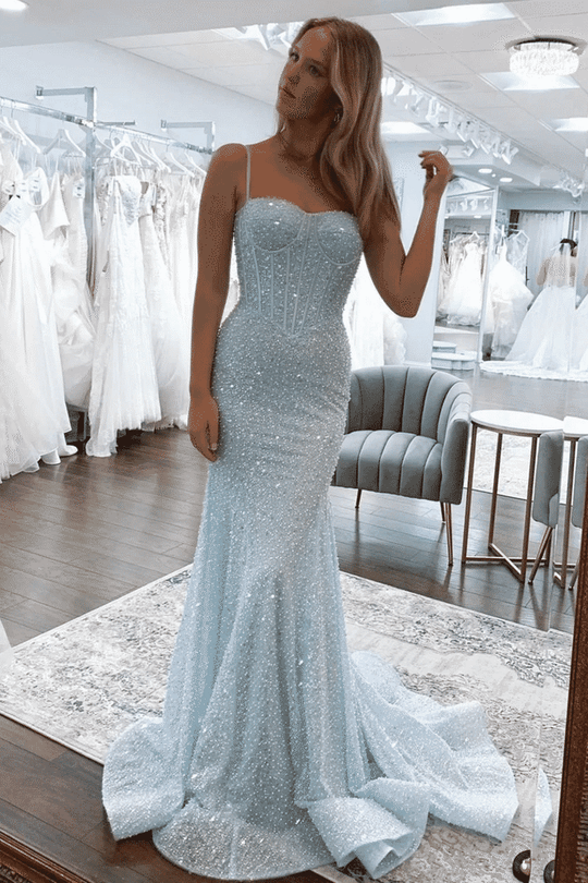 Mermaid Spaghetti Straps Glitter Sequins Long Sweep Train Prom Formal Dress