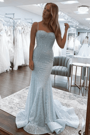 Mermaid Spaghetti Straps Glitter Sequins Long Sweep Train Prom Formal Dress