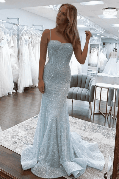 Mermaid Spaghetti Straps Glitter Sequins Long Sweep Train Prom Formal Dress