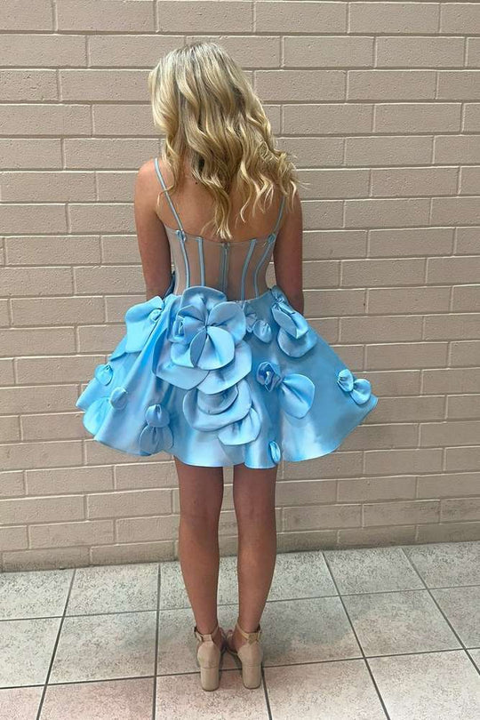 3D Floral Spaghetti Straps A-Line Sky Blue Satin Short Mini Homecoming Dress