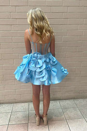 3D Floral Spaghetti Straps A-Line Sky Blue Satin Short Mini Homecoming Dress