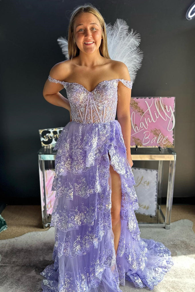 A-line Off Shoulder Sweetheart Sequin Lace Tulle Tiered Long Prom Dress, Slit