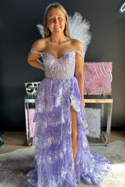 A-line Off Shoulder Sweetheart Sequin Lace Tulle Tiered Long Prom Dress, Slit