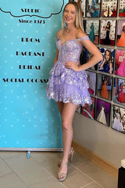 A-line Off Shoulder Sweetheart Layered Short Sequin Lace Tulle Homecoming Dress