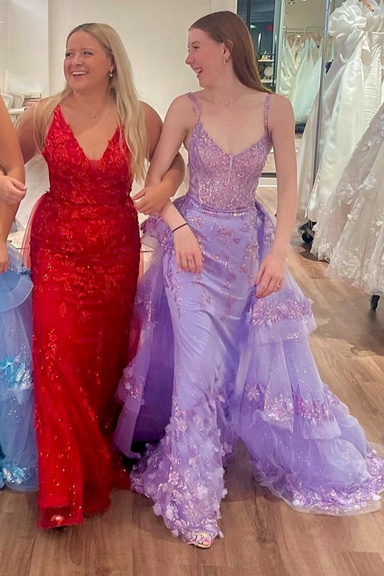 Mermaid Blue Sequin Lace V-Neck Organza Pageant Dress, Tiered Train
