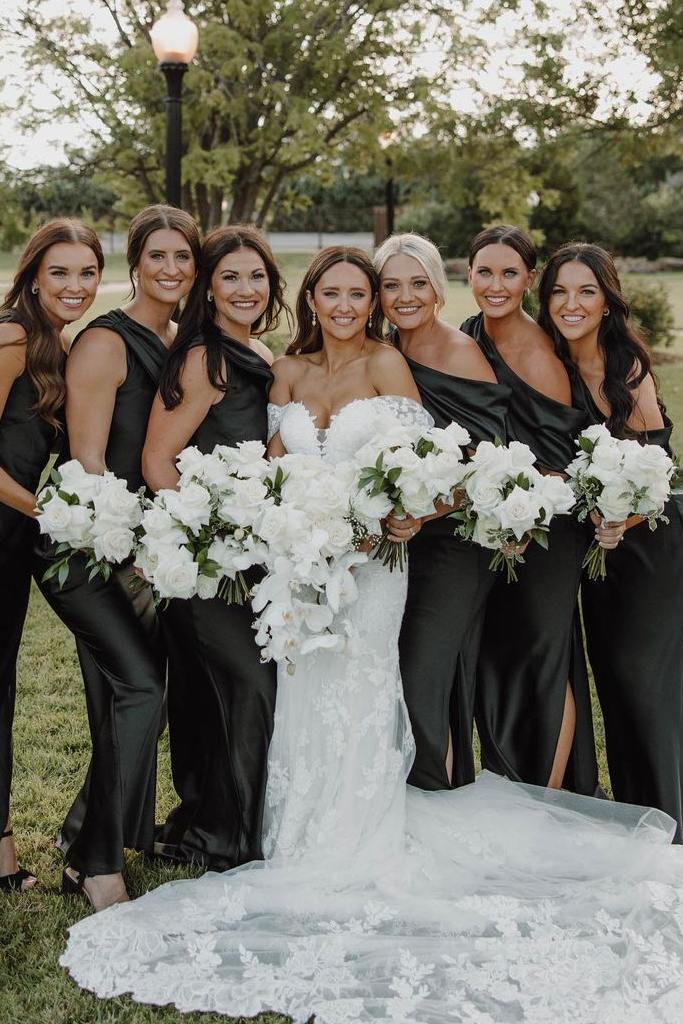 One Shoulder Black Satin Pleated Long Bridesmaid Dress with Slit - Princessly One Shoulder Black Satin Pleated Long Bridesmaid Dress with Slit - Princessly