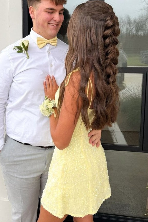 short yellow spaghetti strap dress Sky Blue Scoop Neck Sheath Lace Short Homecoming Dress With Slit, Yellow / 10