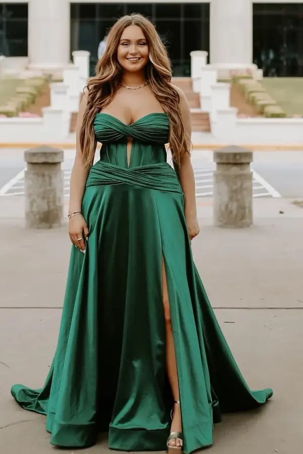 green emerald velvet dress Elegant Empire Waist Sweetheart Straps Side Slit Train Satin Formal Pr –  WhenGirl main image 1