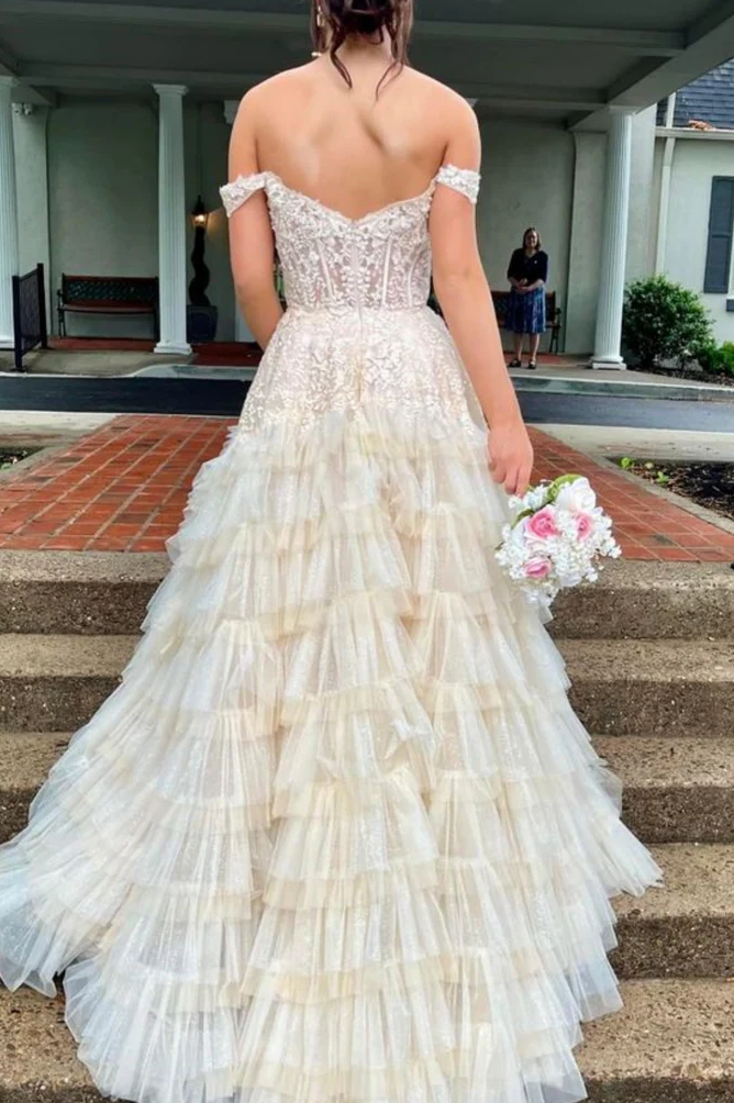 Off-Shoulder Sweetheart Lace Ruffles Tulle Tiered Prom Dress, Slit