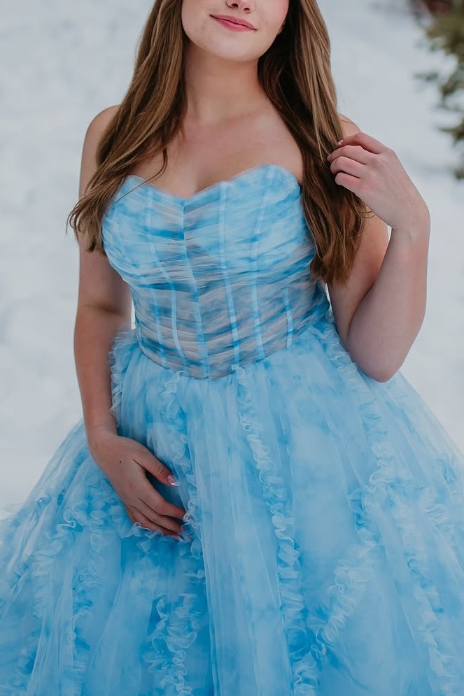 empire waist blue dress A-Line Printing Strapless Sweetheart Ruffles Long Prom Black Boho Dress Empire waist silhouette for Green Dresses For Women Color:Fresh Blue