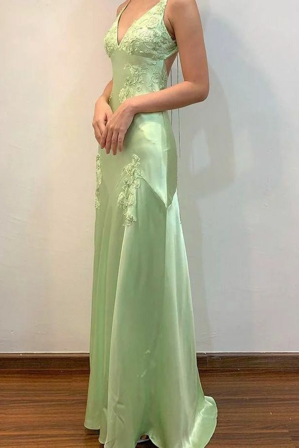 Elegant Green Straps V-Neck Embroideries Satin Backless Prom Dress
