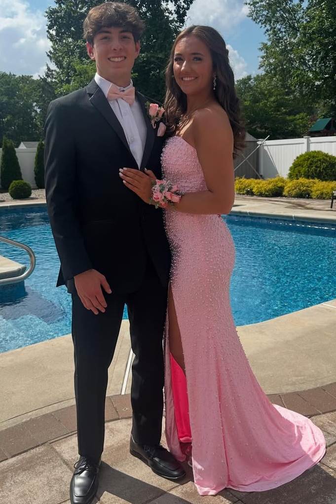Pink Satin Strapless Beaded Scoop Slit Mermaid Long Prom Dress Pink Satin Strapless Beaded Scoop Slit Mermaid Long Prom Dress