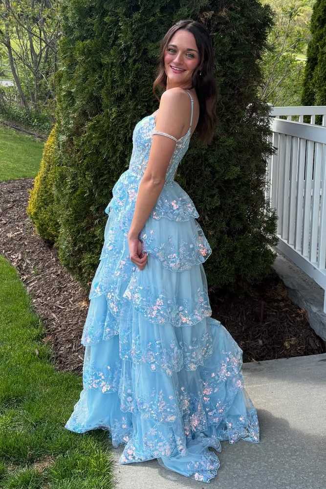ruffle strap a line dress in blue A-Line Straps Sweetheart Layered Lace Ruffles Long Prom Color:Blackberry JULIANNA DRESS - BLUE designed for those who Spaghetti Strap Prom Dresses