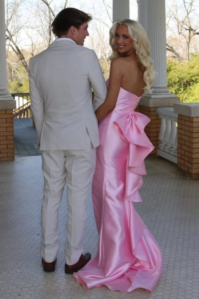 Pink Strapless Scoop Neck Slit Back Ruffles Satin Mermaid Prom Dress -  Princessly