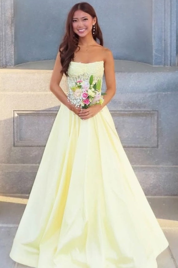 green emerald velvet dress Yellow Sweetheart A Line Satin Beaded Long Prom Dresses With Ruffles main image 0