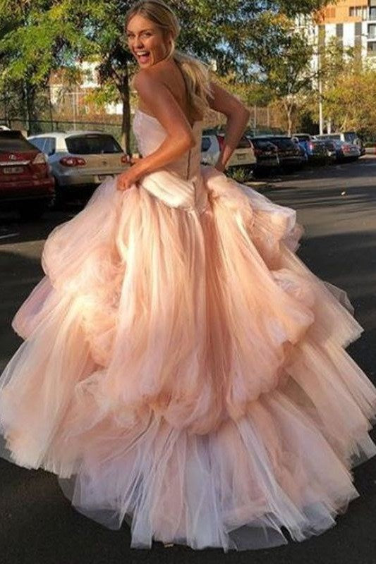 Pink A-Line Strapless Ruffles Tulle Sleeveless Evening Prom Dress