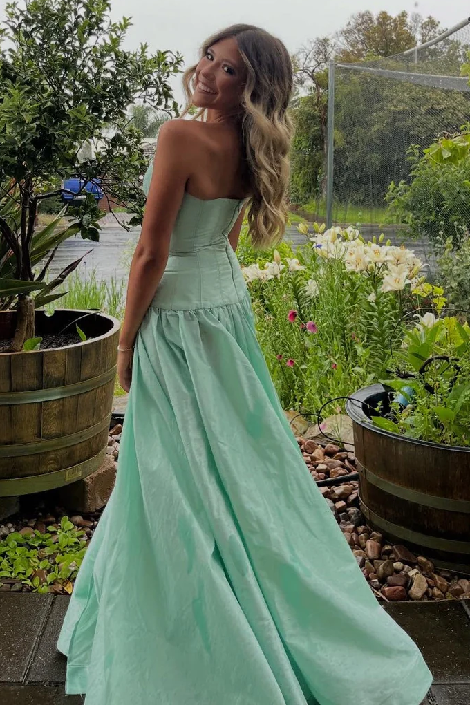 A-line Strapless Pleats Mint Satin Long Formal Prom Dress A-line Strapless Pleats Mint Satin Long Formal Prom Dress