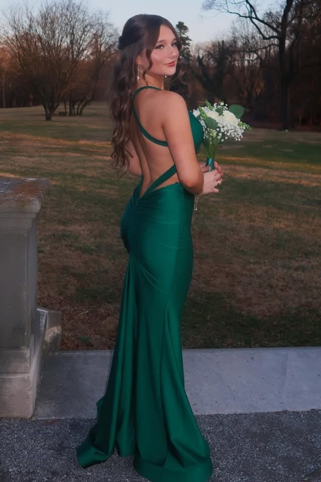 V-Neck Straps Backless Satin Sleeveless Mermaid Long Prom Dress
