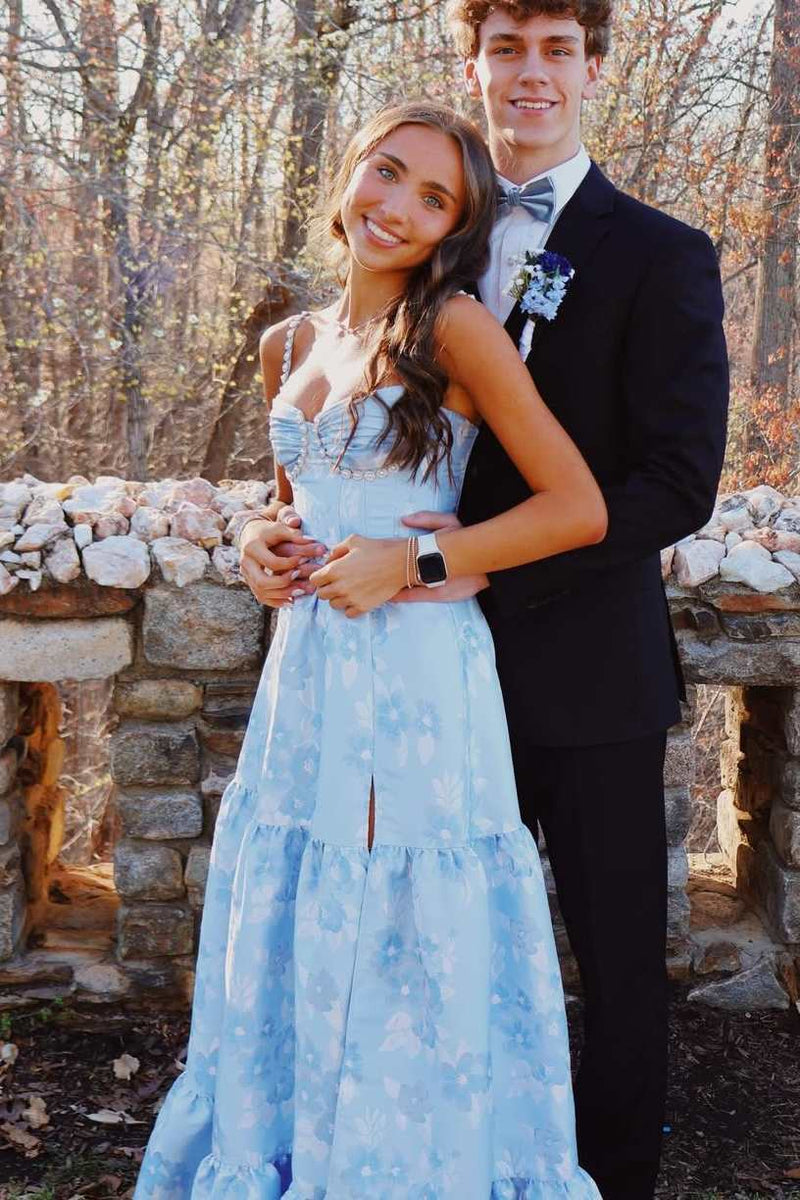empire waist prom dress A-Line Straps Blue Satin Pearls Empire-Waist Print Dress, Slit Style Code:WMN4447-01 Summer Outfits Up Back Embellishment Zapaka Women White Blue Black