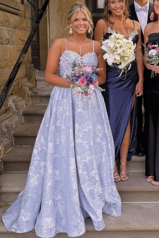 Spaghetti Straps A-Line Floral Satin Beaded Formal Prom Dress