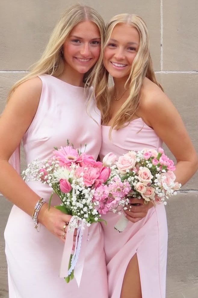pink strapless bridesmaid dresses Hibiscus Pink Strapless Floral Jacquard Column Bridesmaid Dress With Back Slit In Hibiscus Pink Multi
