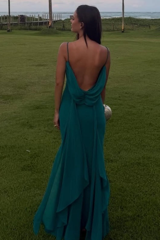 green cowl neck prom dress Satin Spaghetti Straps Slit Long Formal high cowl neck dress