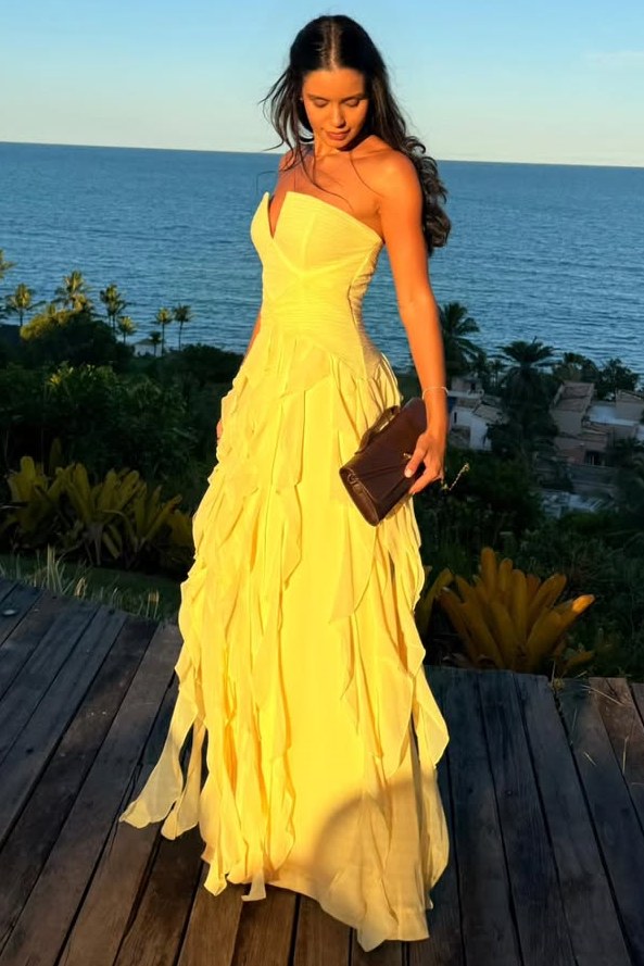 Yellow Satin A-Line Strapless Ruffles Sleeveless Formal Prom Dress