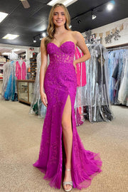Mermaid Strapless Sweetheart Tulle Long Sweep Formal Party Prom Dress, Slit
