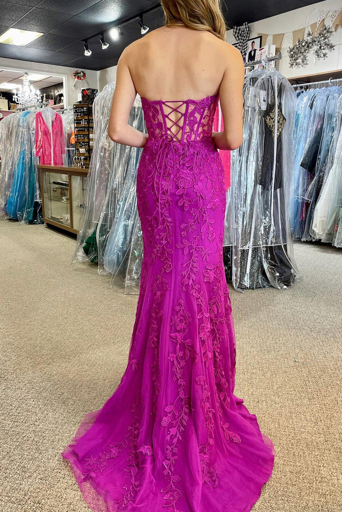Mermaid Strapless Sweetheart Tulle Long Sweep Formal Party Prom Dress, Slit
