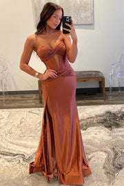 Vestido de Festa de Cetim Comprido com Cauda, Sem Alças, com Recortes, Fenda, Estilo Sereia