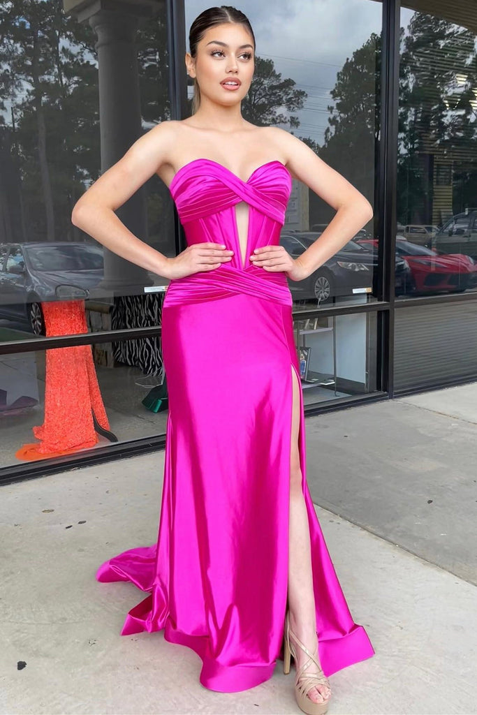 Vestido de Festa de Cetim Comprido com Cauda, Sem Alças, com Recortes, Fenda, Estilo Sereia