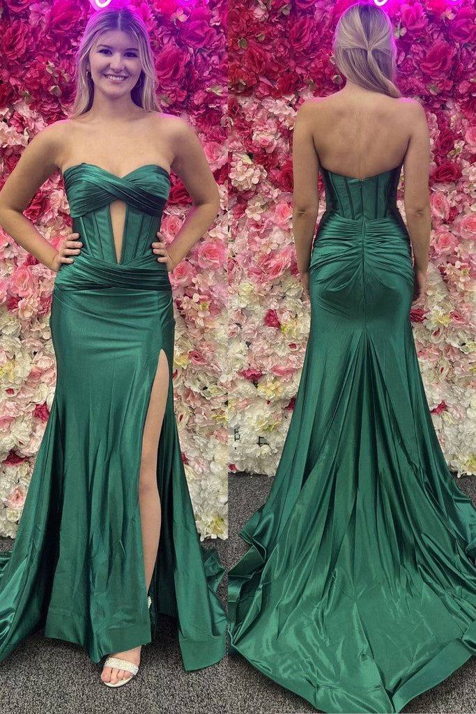 Vestido de Festa de Cetim Comprido com Cauda, Sem Alças, com Recortes, Fenda, Estilo Sereia