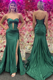 Vestido de Festa de Cetim Comprido com Cauda, Sem Alças, com Recortes, Fenda, Estilo Sereia