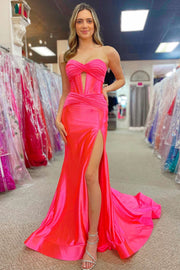 Vestido de Festa de Cetim Comprido com Cauda, Sem Alças, com Recortes, Fenda, Estilo Sereia