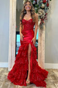 Mermaid Strapless V-Neck Pleated Layered Red Sequined Satin Prom Dress, Slit