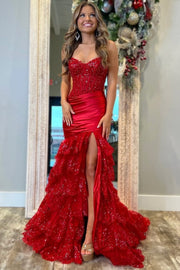 Mermaid Strapless V-Neck Pleated Layered Red Sequined Satin Prom Dress, Slit
