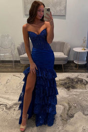Mermaid Strapless V-Neck Pleated Layered Red Sequined Satin Prom Dress, Slit