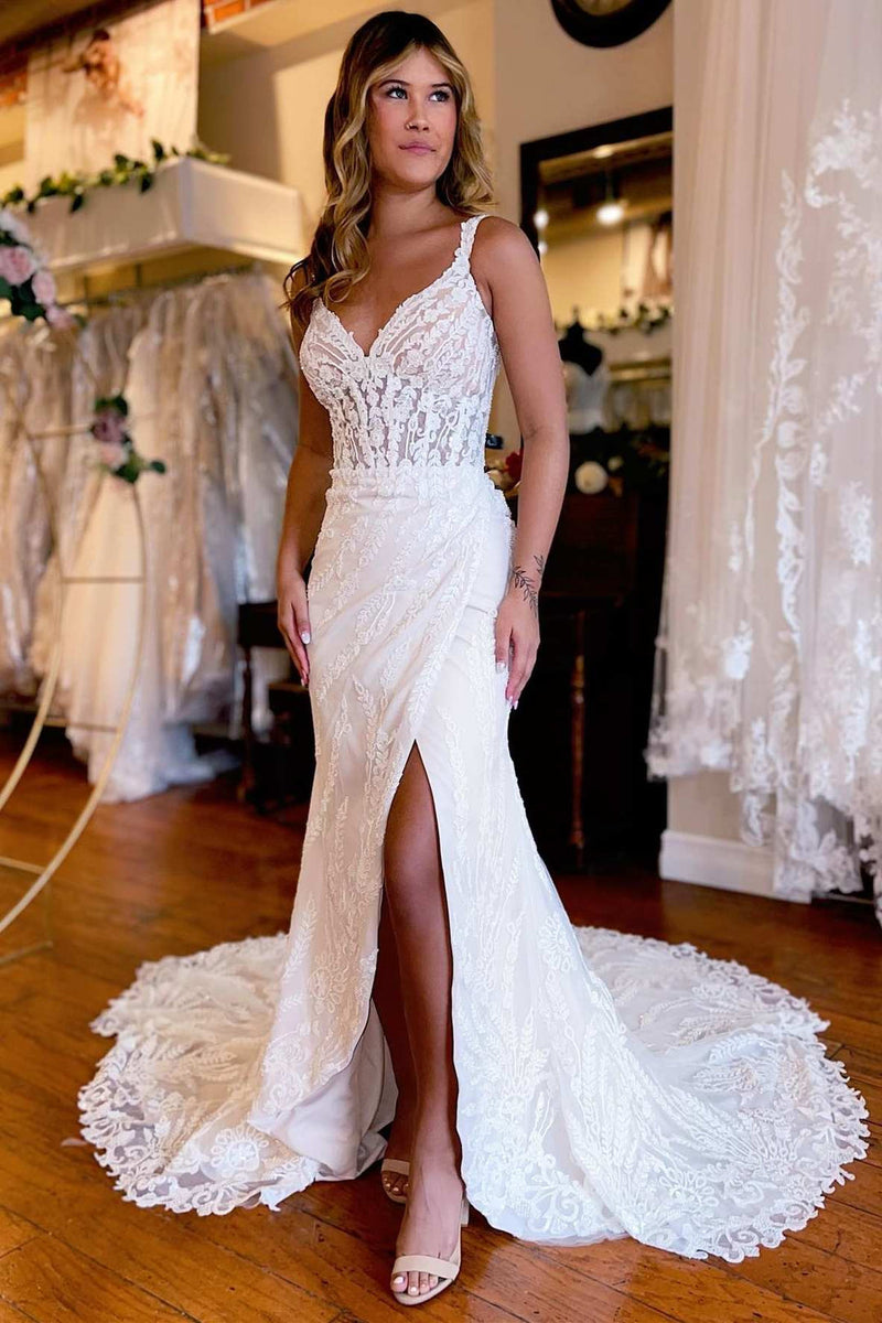 A-Line White Lace Floor-Length Wedding Dress With Long Sleeves main image 1
