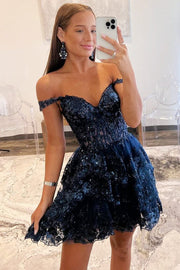A-line Off Shoulder Sweetheart Layered Short Sequin Lace Tulle Homecoming Dress