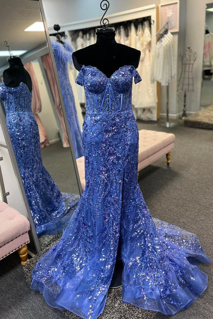 Vestido de Festa Mermaid Ombro a Ombro com Decote Coração, Lantejoulas Douradas, Renda, Cauda Varredura, Fenda