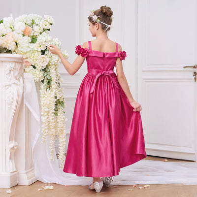 Robe de soirée longue pour fille à fleurs en satin fuchsia, coupe A, épaules dénudées, ceinture perlée