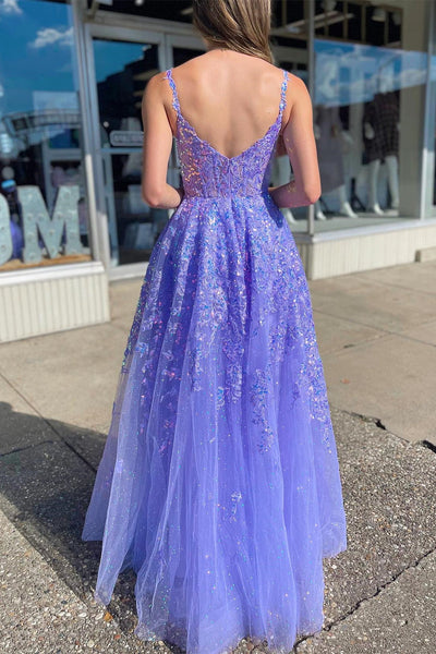 A-Line Straps Sleeveless Lavender Tulle Sequin Floor Length Prom Gown, Slit